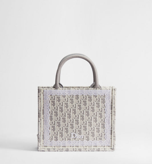 Women's Small Book Tote With Strap In Latte And Gray Oblique Embroidery And White Lace