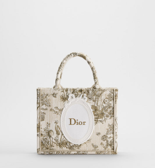 Women's Small Book Tote With Beige Multicolor Toile De Jouy Floral Garden Embroidery And Strap