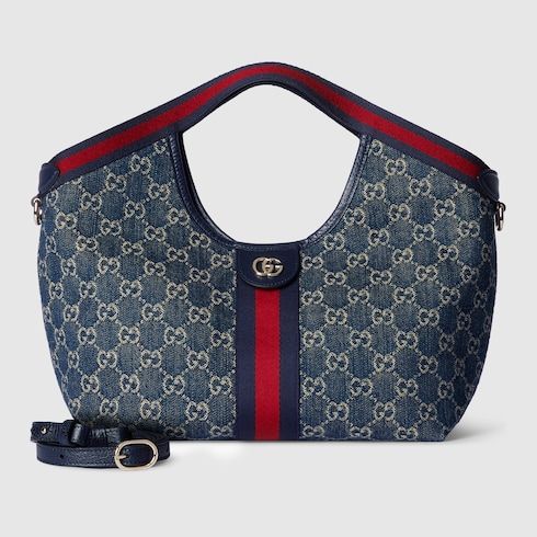 Small Tote Bag With Web GG Denim Detachable Pouch