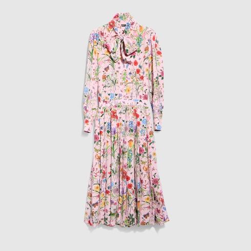 Women's Printed Silk Chemisier Dress with Bow