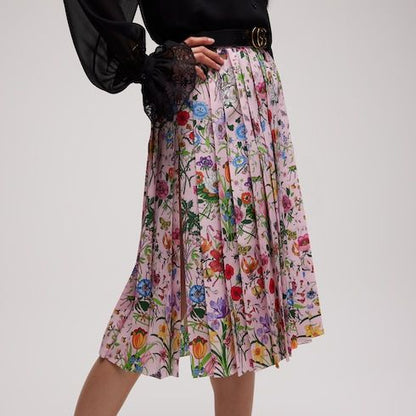 Women's Printed Silk Pleated Midi Skirt