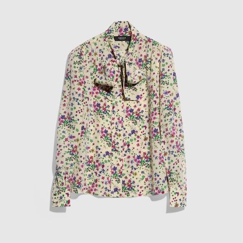 Women's Printed Silk Shirt with Bow