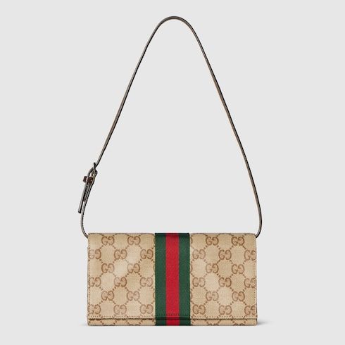 Small Pouch With Strap And Web GG Coated Canvas