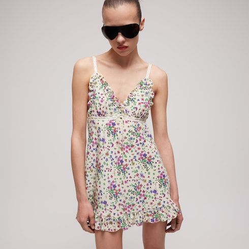 Women's Printed Silk Dress with Rouche