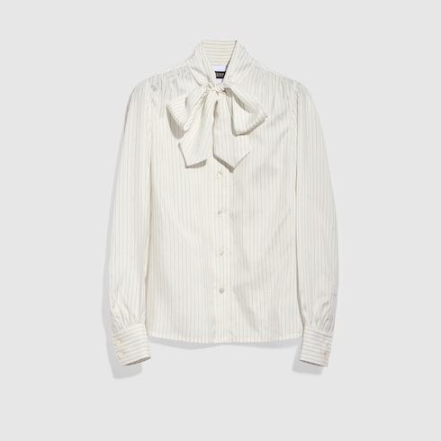 Women's Pinstripe Jacquard Silk Shirt with Bow