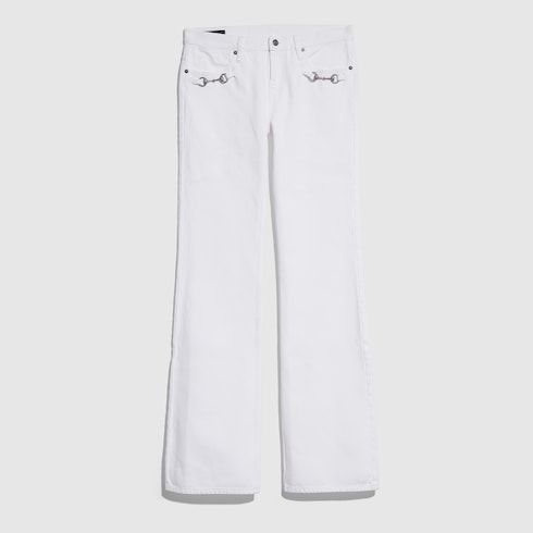 Women's Washed Cotton Denim Flared-Leg Pants with Horsebit