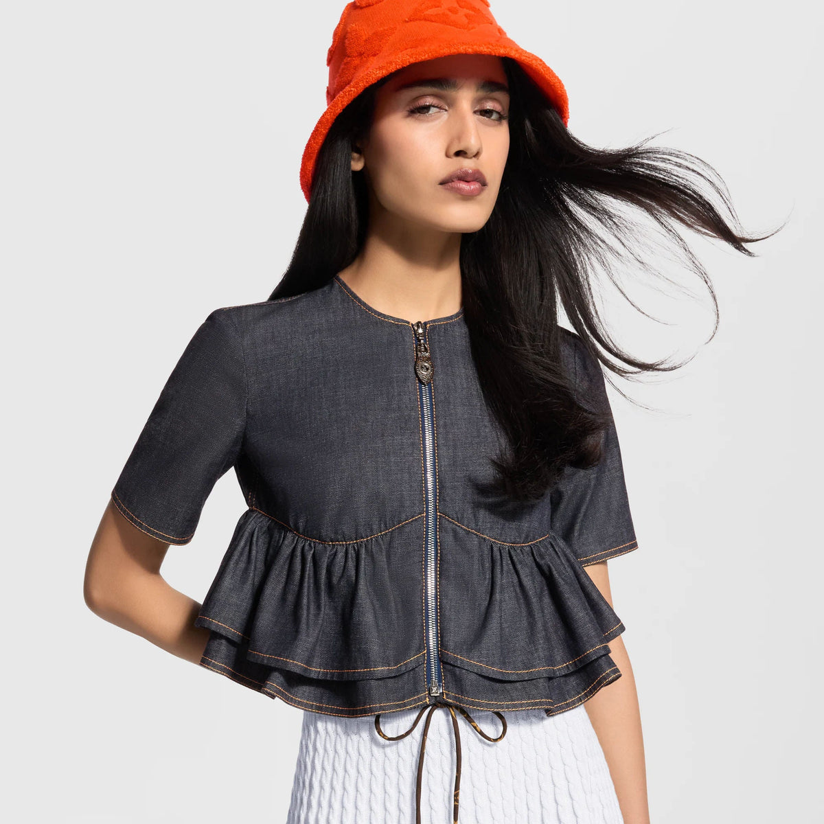 Women's Ruffle Hem Denim Top